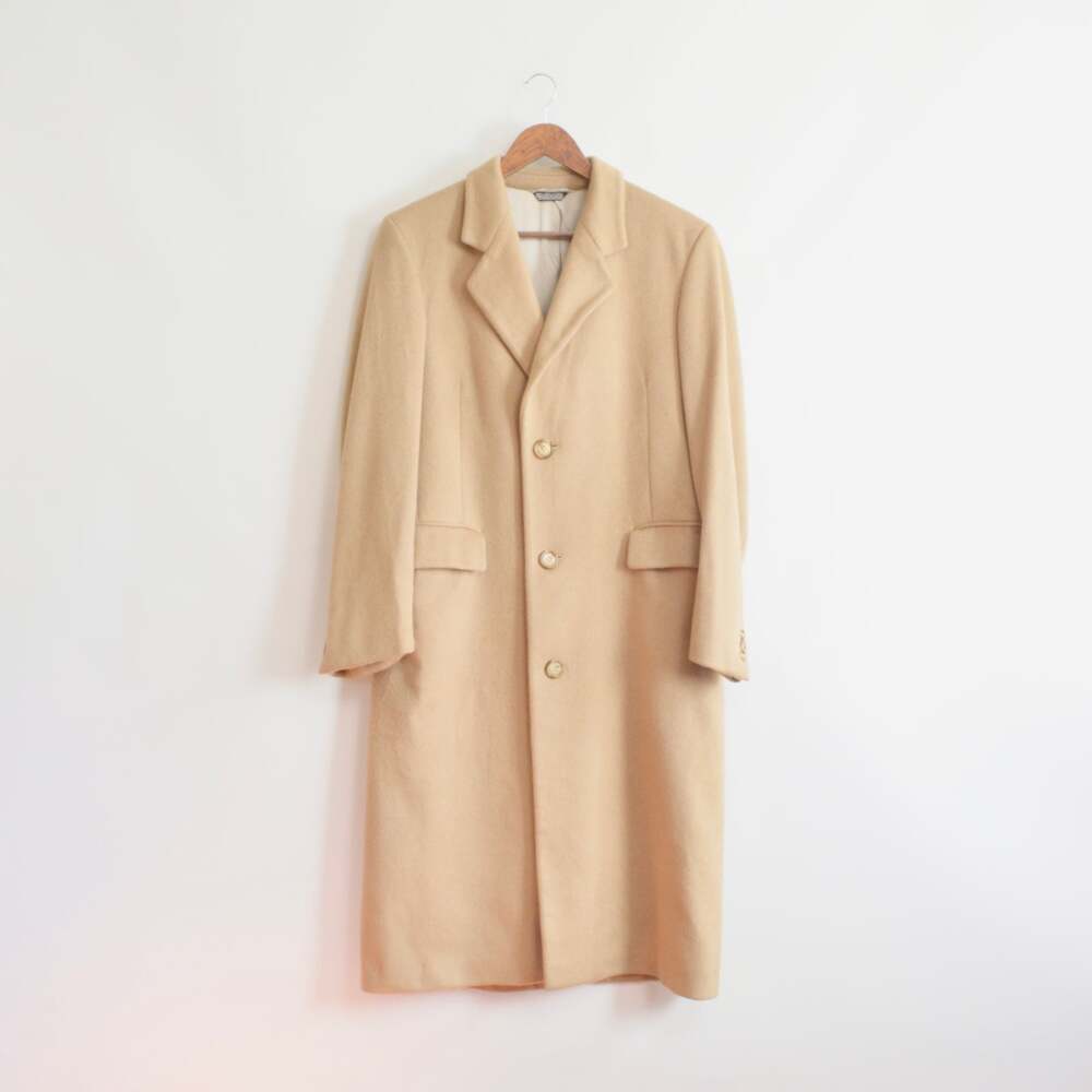 lux camel tan long wool/cashmere blend overcoat